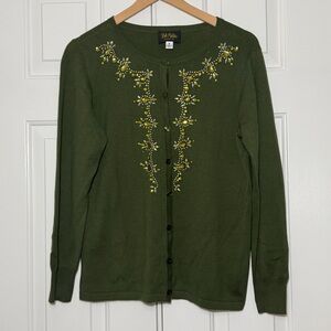 Bob Mackie Wearable Art Embellished Olive Green Cardigan – Size M